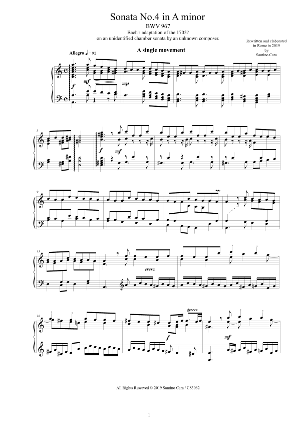 Bach - Sonata No.4 in A minor BWV 967 for Harpsichord or Piano (arr. Johann Sebastian Bach)