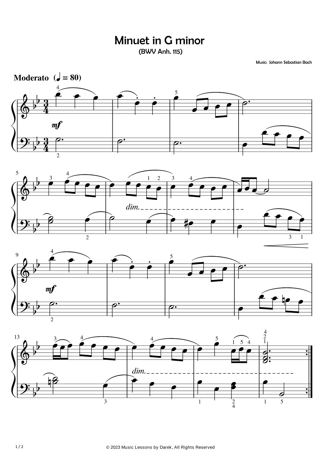 Minuet in G minor (EASY PIANO) (BWV Anh. 115) [Johann Sebastian Bach] (arr. Darek)