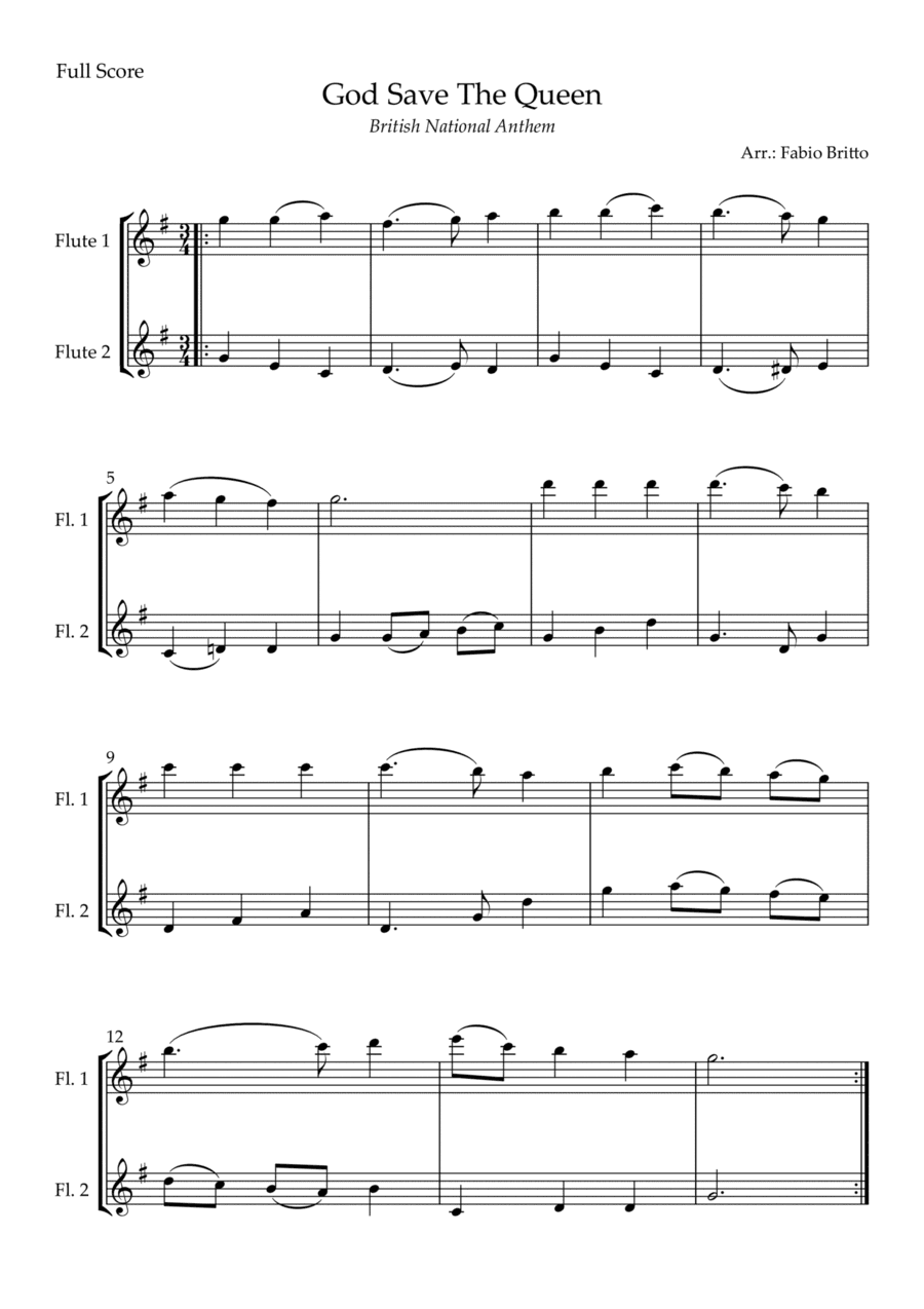 God Save The Queen (British National Anthem) for Flute Duo (arr. Fabio Britto)