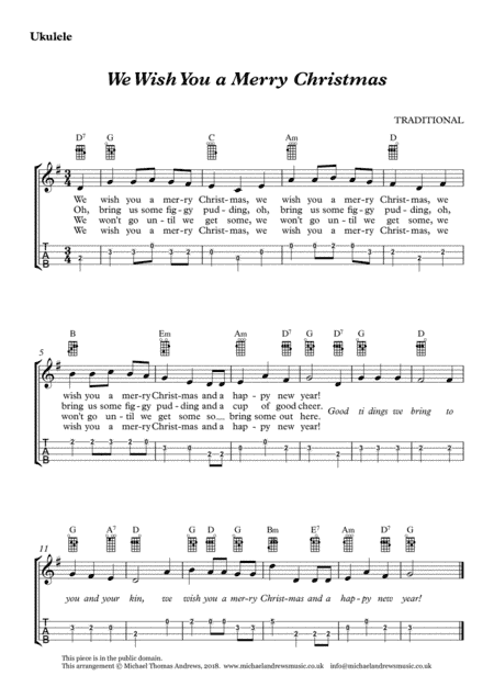 We Wish You a Merry Christmas (for Ukulele with TAB) (arr. Michael Thomas Andrews)