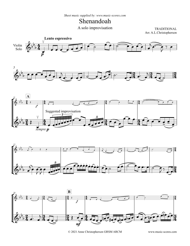 Shenandoah - Solo Violin (arr. Anne L Christopherson GRSM ARCM)