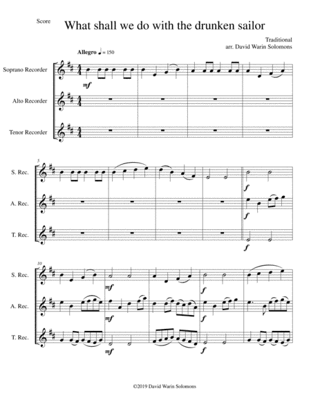 Drunken Sailor for recorder trio (soprano, alto, tenor) (arr. David Warin Solomons)