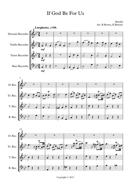 If God be for us (Handel's Messiah) recorder quartet (arr. R.Brown, JCBmusic)