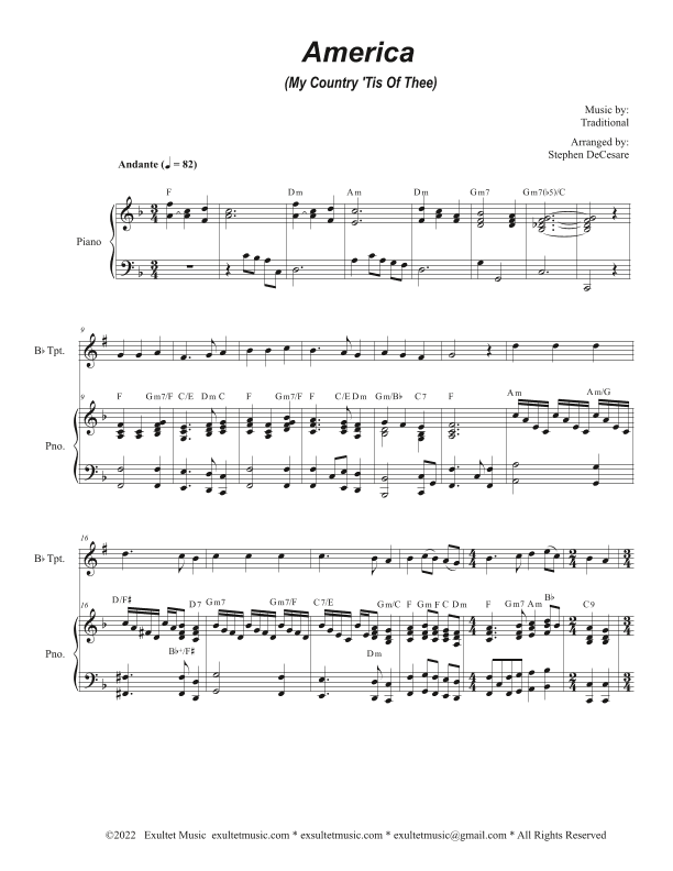 America (My Country, 'Tis of Thee) (Bb-Trumpet solo and Piano) (Easy Version) (arr. Stephen DeCesare)