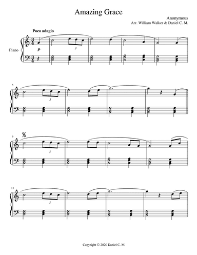 Amazing Grace for piano (easy) (arr. Daniel C. M.)
