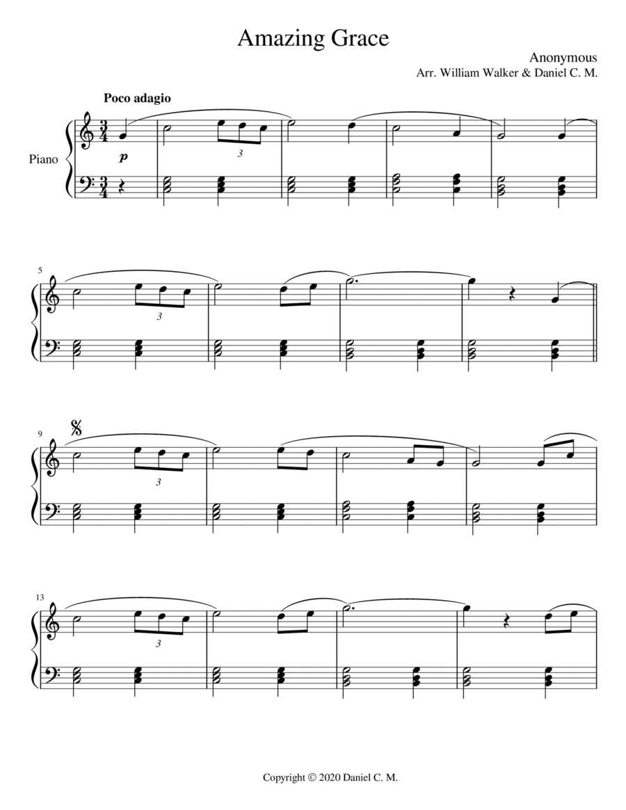 Amazing Grace for piano (easy) (arr. Daniel C. M.)