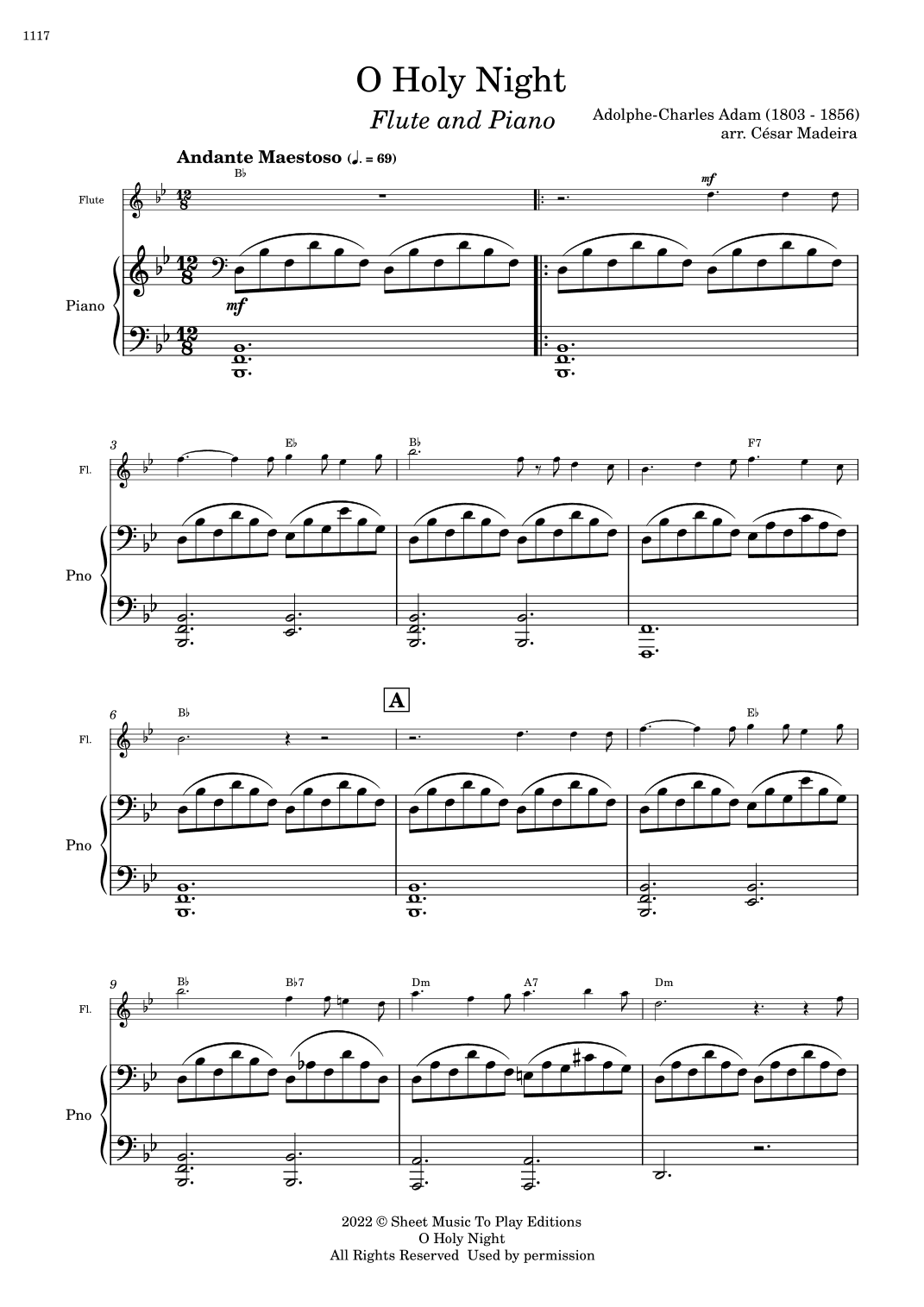 O Holy Night - Flute and Piano - W/Chords (Full Score and Parts) (arr. César Madeira)