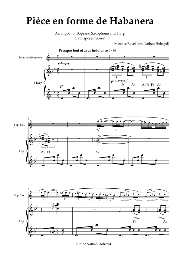 Pièce en forme de habanera (arr. for B-flat saxophone and harp) (arr. Nathan Holroyd)