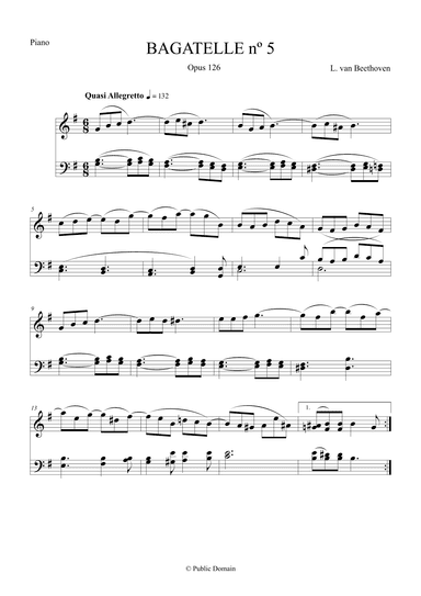 Bagattelle nº 5 Opus 126 by L. van Beethoven for Piano (arr. The Sheet Music Library)
