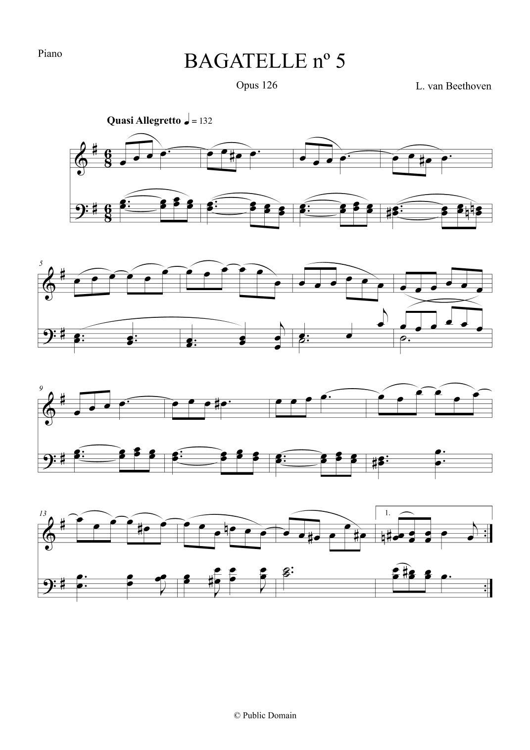 Bagattelle nº 5 Opus 126 by L. van Beethoven for Piano (arr. The Sheet Music Library)