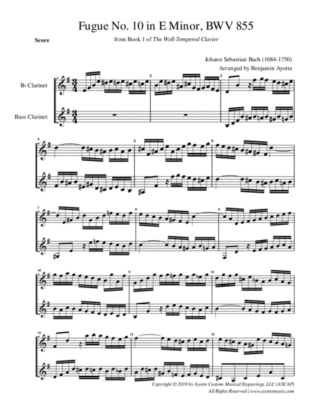 Fugue No. 10 in E Minor (from WTC Book 1) for Clarinet / Bass Clarinet Duet (arr. Benjamin Ayotte)