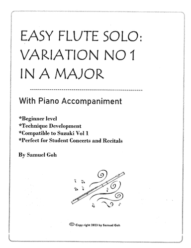 Easy Flute Solo: Variation No 1 in A Major with Piano accompaniment