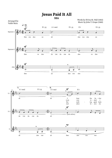 Jesus Paid It All - SSA Trio or Choir (+ Chords) (arr. Valdir Maia)