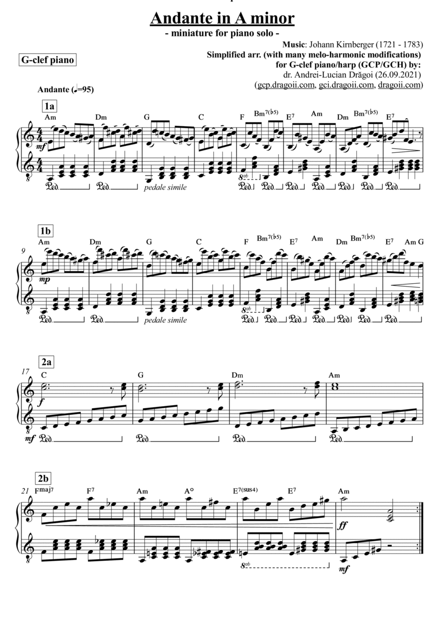 Kirnberger (Johann) - Andante in A minor - arr. for G-clef piano (GCP) in Am - score and lead (arr. Andrei Lucian Dragoi)