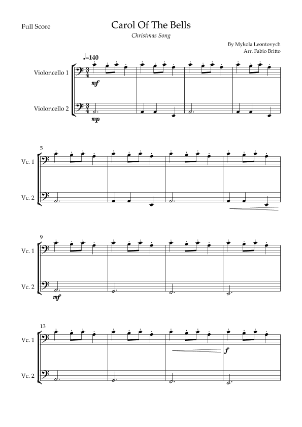 Carol Of The Bells (Christmas Song) for Cello Duo (arr. Fabio Britto)