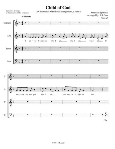 Christmas Spiritual Child of God SATB a capella choir (arr. S.R.Geer, ASCAP)
