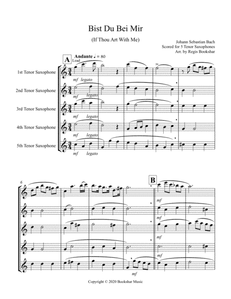 Bist Du Bei Mir (Tenor Saxophone Quintet) (arr. Regis Bookshar)