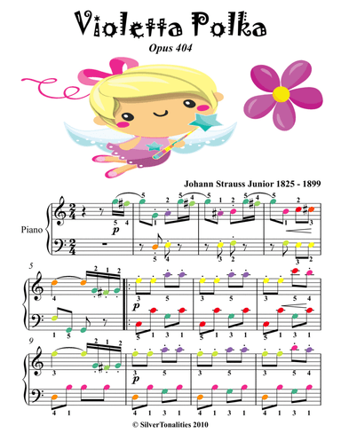 Violetta Polka Opus 404 Easy Piano Sheet Music with Colored Notes (arr. SilverTonalities)
