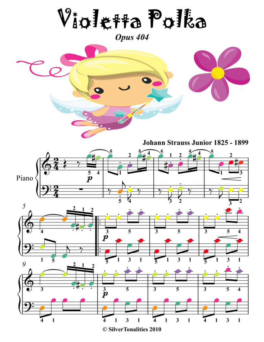Violetta Polka Opus 404 Easy Piano Sheet Music with Colored Notes (arr. SilverTonalities)