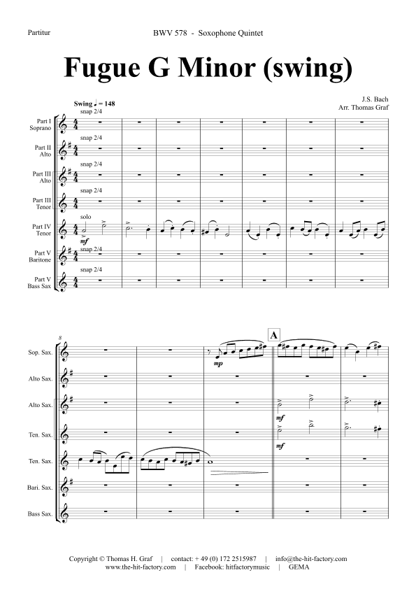 Fugue G Minor - Called The Little - BWV 578 - Swing - Saxophone Quintet (arr. Thomas Graf)