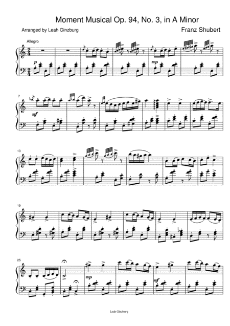 Moment Musical by Franz Shubert  Op. 94, No. 3, in A Minor (arr. Leah Ginzburg)