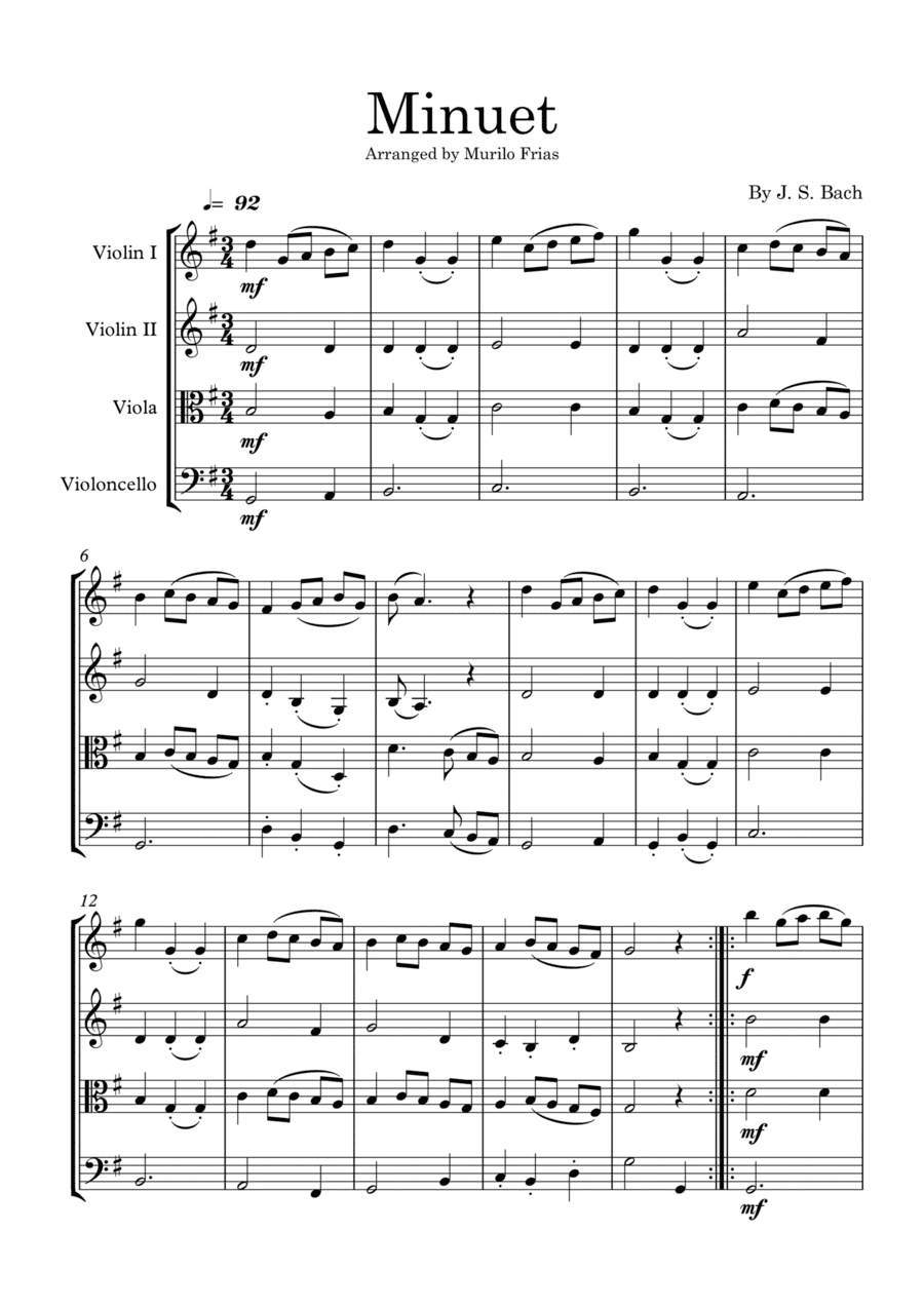 Minuet - J. S. Bach - String Quartet (Score and all parts) (arr. Murilo Frias)