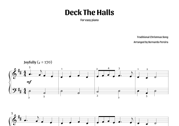 Deck The Halls (easy piano – D major) (arr. Bernardo Pereira)
