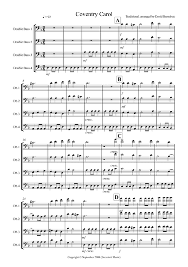 Coventry Carol for Double Bass Quartet (arr. David Burndrett)