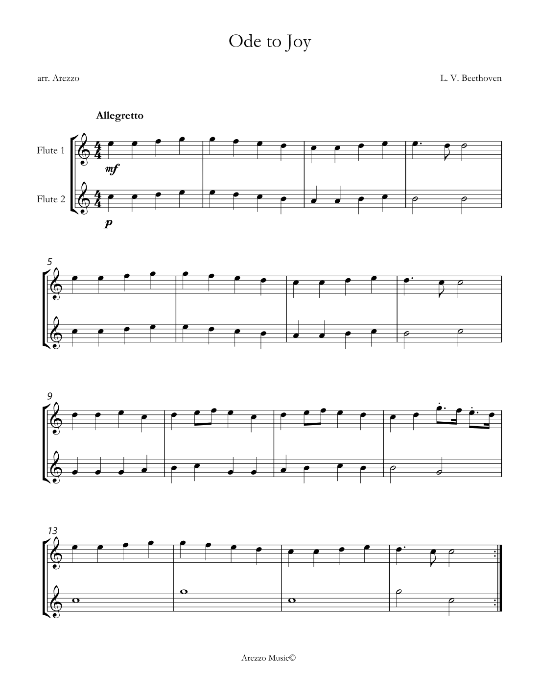 ode to joy for flute duo sheet music in c major for beginners (arr. Arezzo Music)