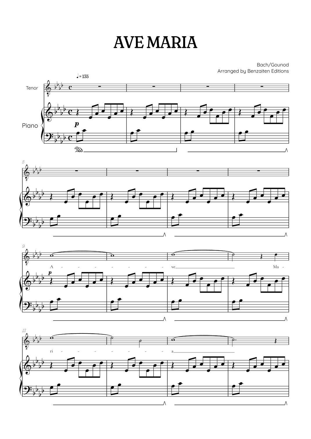 Bach / Gounod Ave Maria in A flat [Ab] • tenor sheet music with piano accompaniment (arr. Benzaiten Editions)