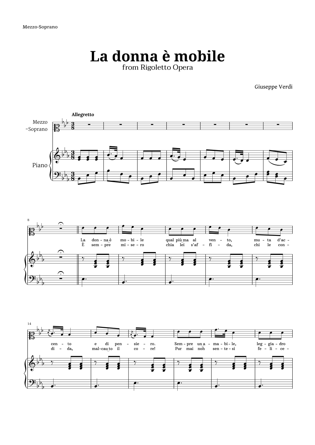 La donna è mobile in E-flat major for Mezzo Soprano and Piano (arr. Langanho)