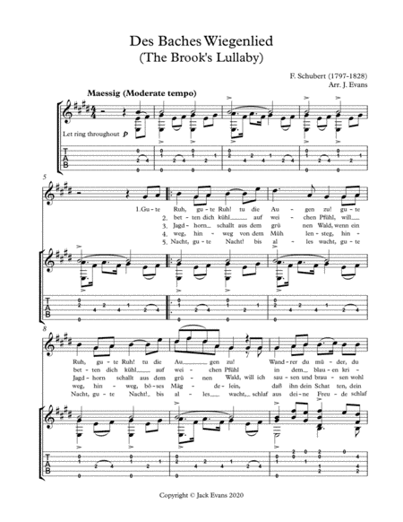 Schubert- Des Baches Wiegenlied for voice and guitar (arr. Evans, Jack)