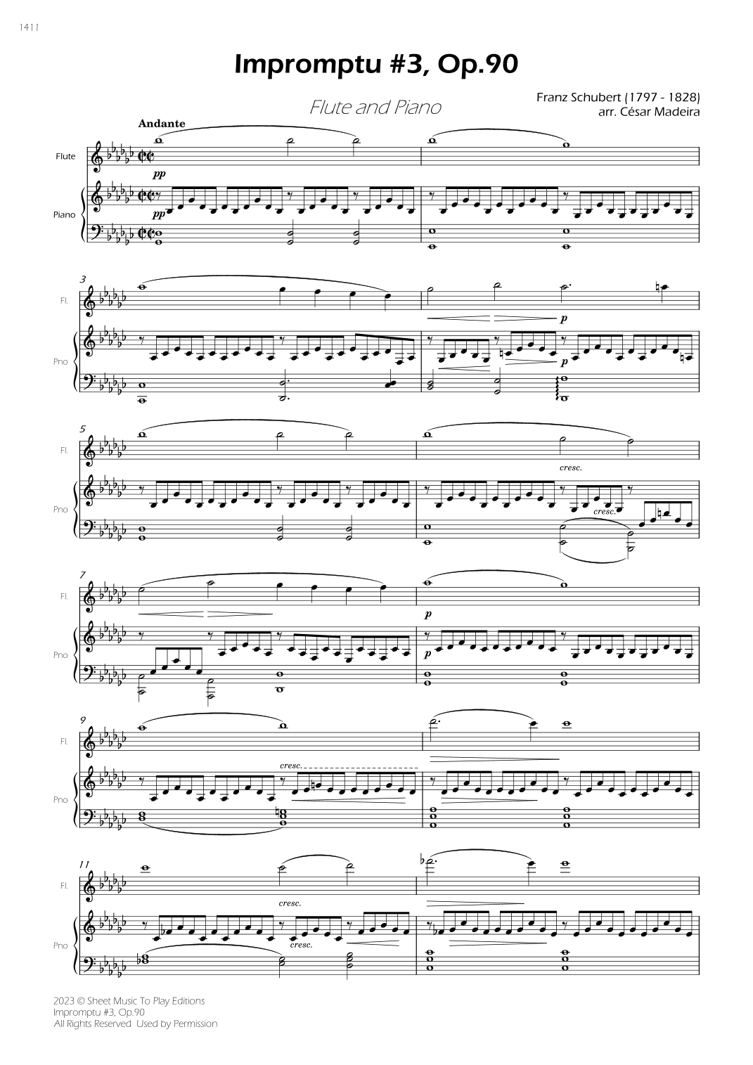 Impromptu No.3, Op.90 - Flute and Piano (Full Score) (arr. César Madeira)
