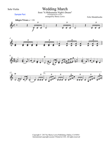 WEDDING MARCH, Violin Solo, Intermediate Level for solo violin (arr. Sherry Lewis)