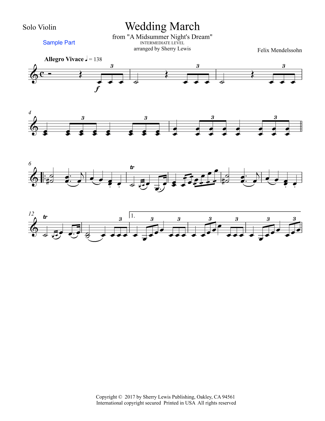 WEDDING MARCH, Violin Solo, Intermediate Level for solo violin (arr. Sherry Lewis)