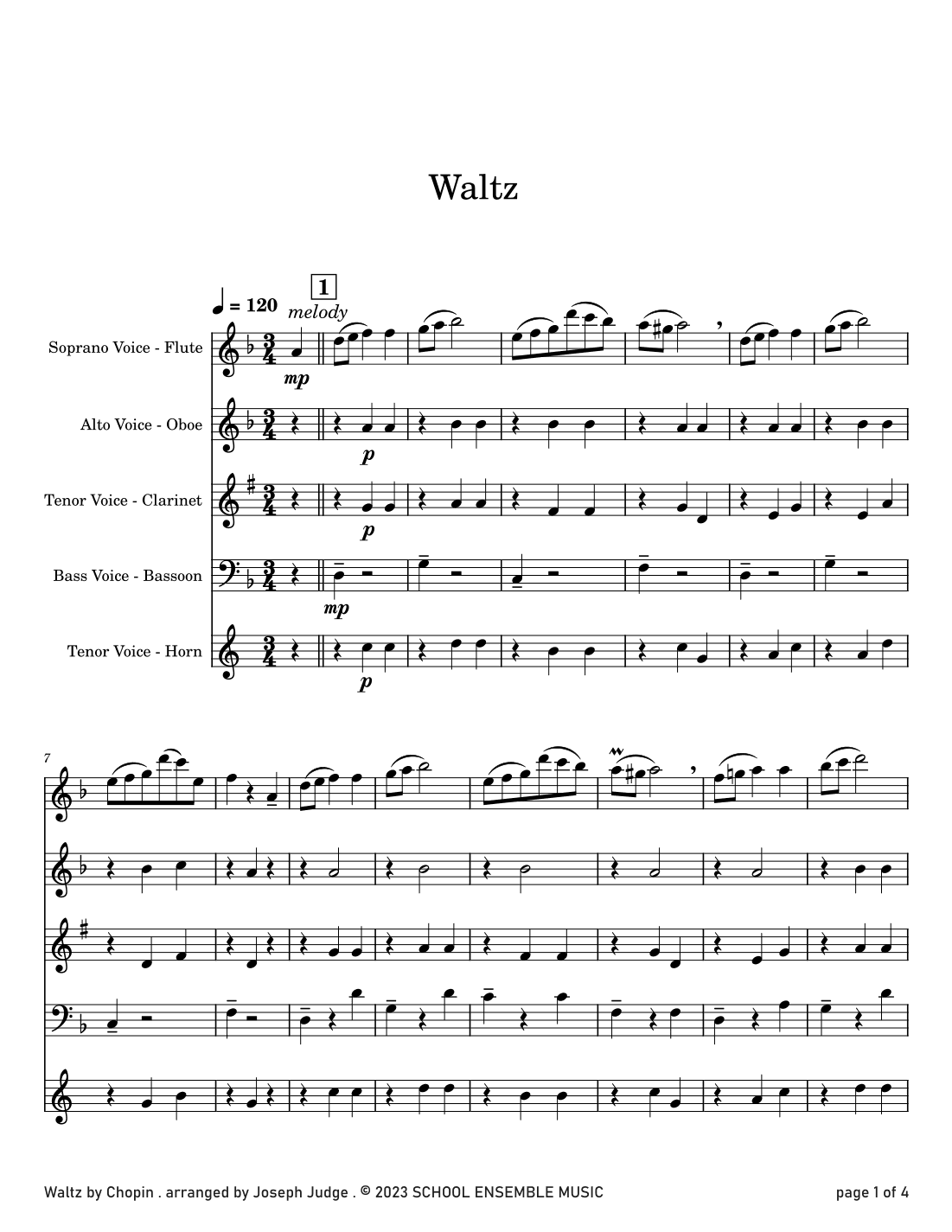 Waltz by Chopin for Woodwind Quartet in Schools (arr. Joseph Judge)