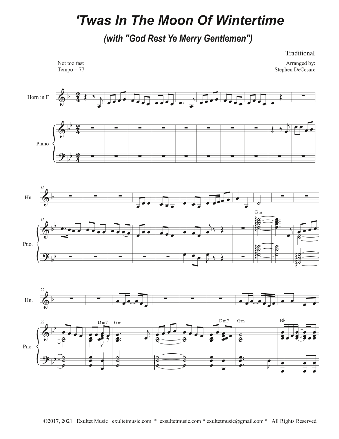 'Twas In The Moon Of Wintertime (with "God Rest Ye Merry Gentlemen") (French Horn solo and Piano) (arr. Stephen DeCesare)