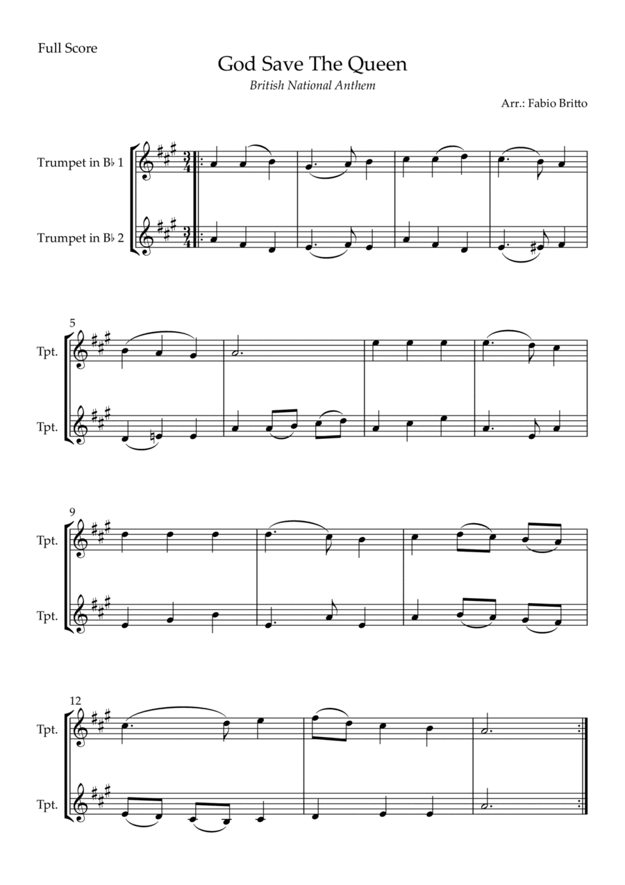 God Save The Queen (British National Anthem) for Trumpet in Bb Duo (arr. Fabio Britto)