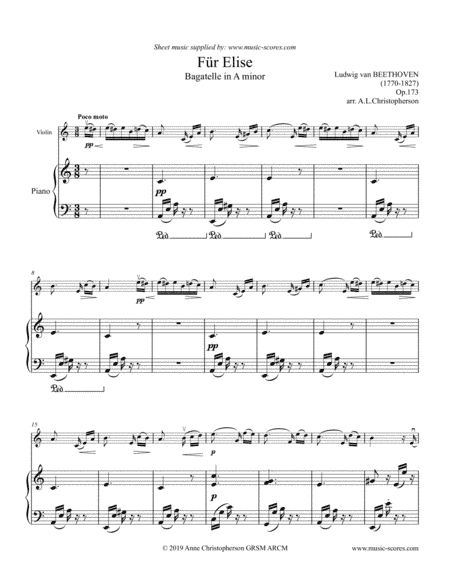 Fur Elise - Violin and Piano (arr. Arranged by Anne L Christopherson GRSM ARCM)