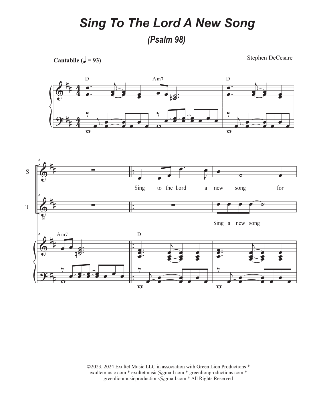 Sing To The Lord A New Song (Psalm 98) (2-part choir - (Soprano and Tenor)