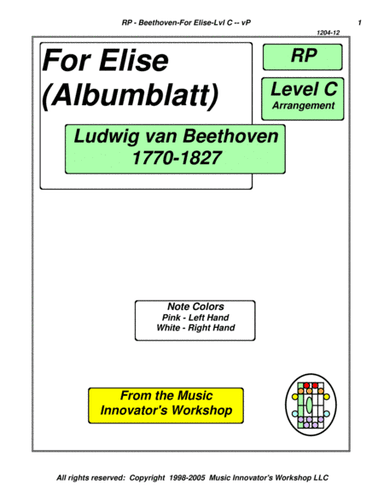 Beethoven - For Elise - Level C - (Key Map Tablature) (arr. John M. Honeycutt)