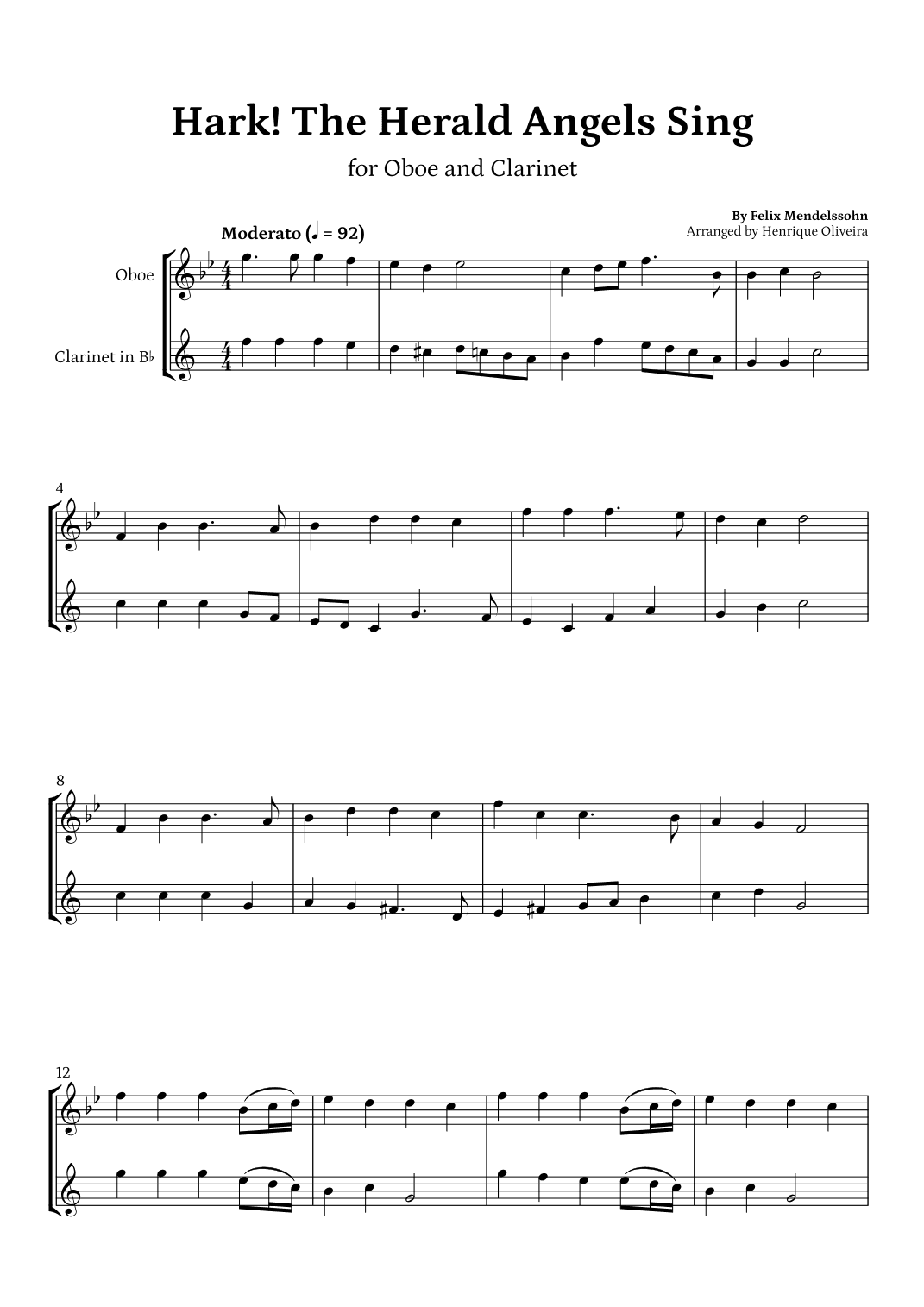 Hark! The Herald Angels Sing (Oboe and Clarinet) - Beginner Level (arr. Henrique Oliveira)