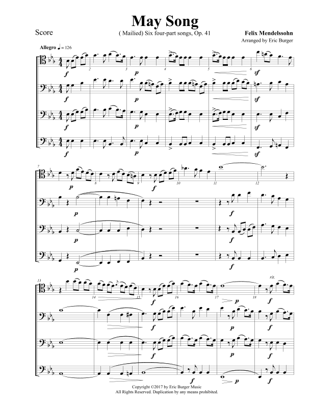 May Song (Mailied) for Trombone or Low Brass Quartet (arr. Eric Burger Music)