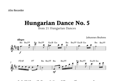 Hungarian Dance No. 5 by Brahms for Alto Recorder Solo with Chords (arr. Rika K.)