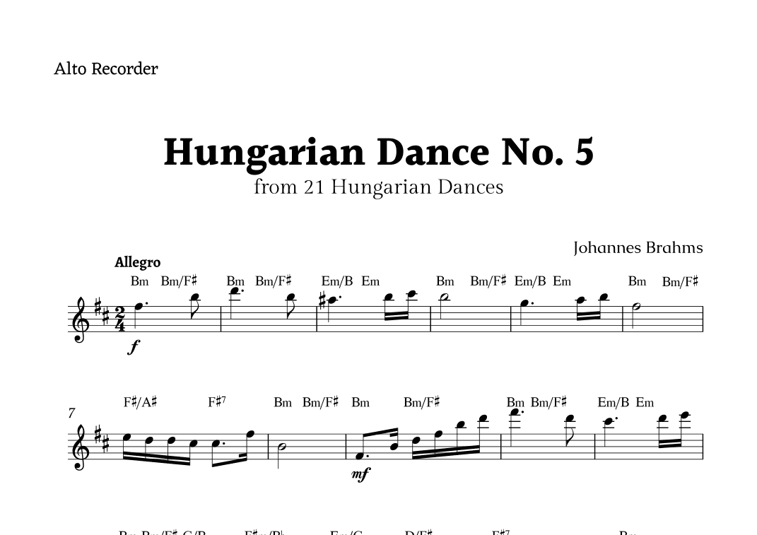 Hungarian Dance No. 5 by Brahms for Alto Recorder Solo with Chords (arr. Rika K.)
