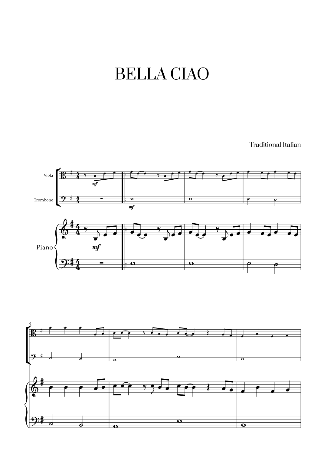Bella Ciao for Viola, Trombone and Piano (arr. Cadenza Editions)