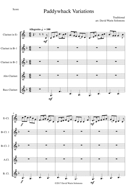 Paddywhack Variations for clarinet quintet (version for E fl, 2 B fl, Alto, C or B fl Bass) (arr. David Warin Solomons)