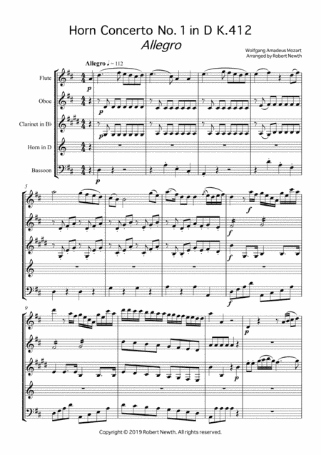 Allegro from Horn Concerto No. 1 in D K412 (for Wind Quintet) (arr. Robert Newth)