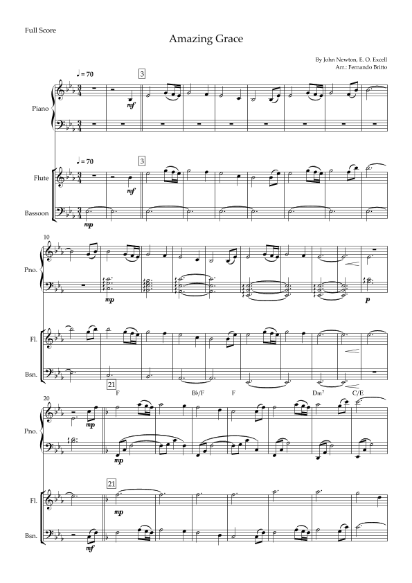 Amazing Grace for Flute & Bassoon Duo and Piano Accompaniment with Chords (arr. Fernando Britto)
