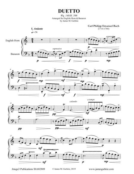 CPE Bach: Duetto Wq. 140 for English Horn & Bassoon (arr. James M. Guthrie, ASCAP)